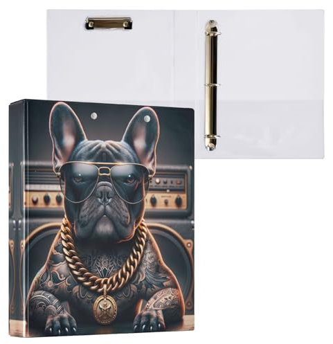 3,8 cm großer Ordner mit 3 Ringen, coole französische Bulldogge mit Sonnenbrille, runder Ringordner mit rutschfestem Metallclip, D-Ringbuch für Schule, Büro, Zuhause, 1 Packung