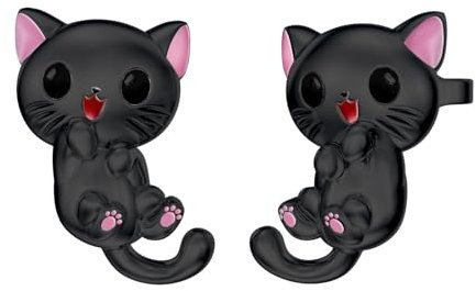 Flpruy Schwarze Katze Ohrringe Ohrstecker 925 Sterling Silber Niedlicher Schwarzer Katzenschmuck Geschenke für Katzenliebhaber Geburtstagsgeschenke für Frauen Gril Katzenliebhaber