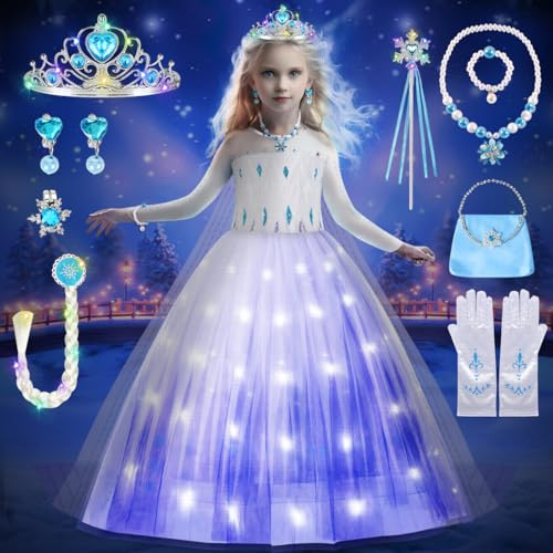 COYBTO Robe Princesse Fille, LED Deguisement Princesse avec Perruque Lumineuse Couronne Ensemble, Déguisement Princesses, Robe de Princesses pour Carnaval Cosplay