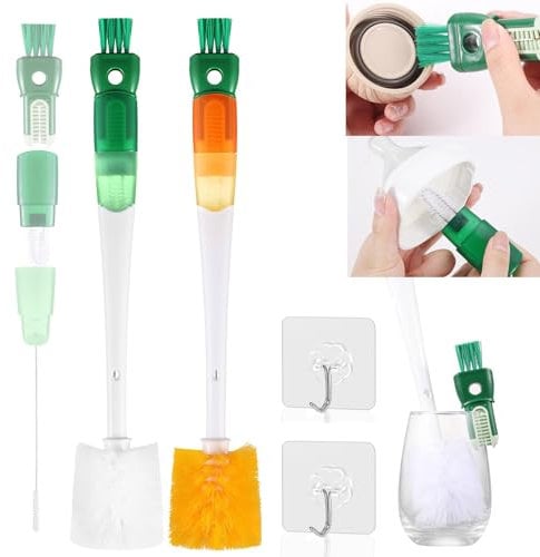 lomdung 2 Pièces 5 en 1 Brosse à Bouteille avec Long Manche, Brosses de Nettoyage avec 2 Pièces éponge, Brosse Bouteille pour Bouteilles à Col Etroit Biberons Gobelets et Verre à Vin