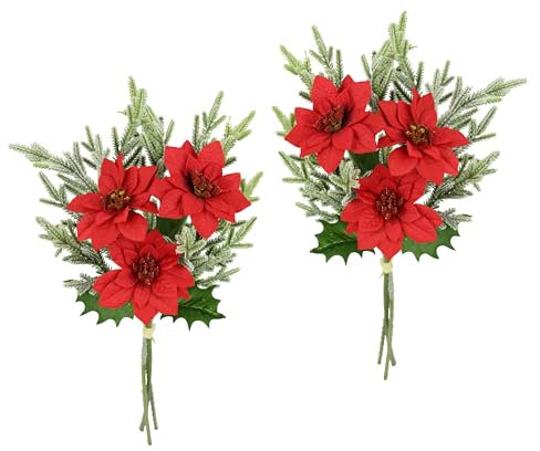 Poinsettia Fiore artificiale 3 fiori rami di abete, set da 2 pezzi, 37 cm, stella di Natale, ramo, decorazione natalizia, fiori di Natale X'Mas, bouquet, decorazione regalo