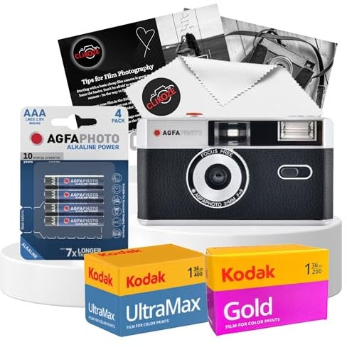 35-mm-Filmkamera-Set mit AgfaPhoto 35 mm wiederverwendbarer Filmkamera, Kamerafilm, Kodak Ultramax 400 36exp, Kodak Clikoze 200 36exp, Akku und Clikoze Objektivtuch mit Kamera-Fotografie-Tipp-Karte