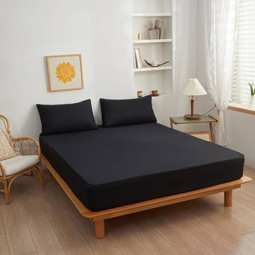 AMDXD 120x200cm Spannbettlaken Abwaschbar, Spannbetttuch Einfarbig Schwarz Matratzenschutz, Polyester Bett Laken Bezug für alle Jahreszeiten