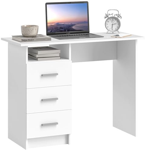 HOMCOM Scrivania Salvaspazio Moderna con 3 Cassetti e Ripiano Aperto, Scrivania con Cassetti in Legno, per Ufficio, Studio e Camera da Letto, 100x40x75 cm, Bianco