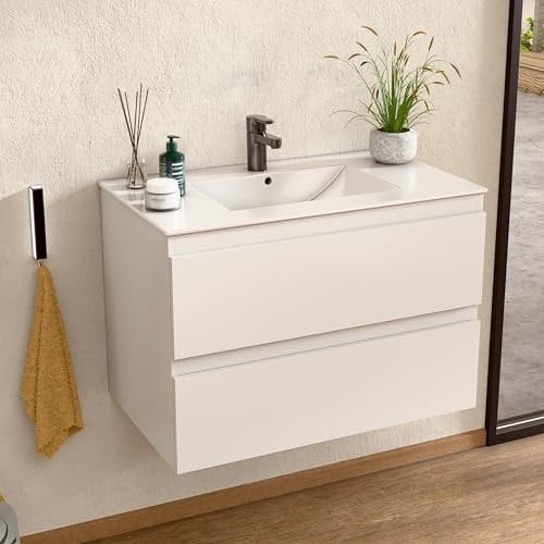 BELLOBATH - Mueble Baño Suspendido con Lavabo de Cerámica y Espejo, Mueble Baño con Lavabo Montado con 2 Cajones, 100 x 55 x 46 cm, Mueble Blanco