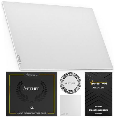 Hystar Aether Glass Tapis de souris de jeu | Verre trempé micro-gravé | Silencieux, glisse ultra rapide | Dos en silicone antidérapant (blanc, TG)