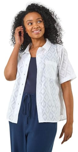 Roman Originals Short Sleeve Shirt for Women Ladies Cotton Blouse Button Through Tunic Printed Top Work Smart Casual Going Out Work Office V Neck Evening Event - Petite White Jacquard - Size 14