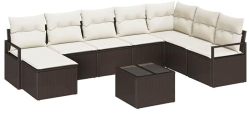 vidaXL Garten-Sofa-Set mit Kissen mit Speicher 9 pcs Braun und Creme, Garten und Terrasse, Moderne Sitzmöbel, Rattan-Sofa, Stauraum, Loungemöbel für den Sommer, Entspannung pur