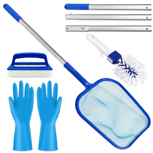 Herfair Juego de limpieza para piscina, 4 unidades, recogedor de piscina con barra telescópica, cepillo de piscina, esponja de limpieza, guantes de goma, accesorios de piscina, limpieza para piscina