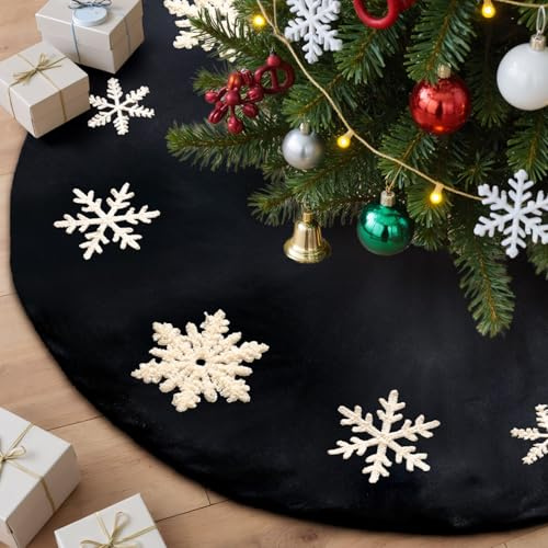 Lanpn 90cm Bestickt Weihnachtsbaum Decke Christbaumdecke, Samt Schneeflocken Rund Tannenbaum Decke Unterlage Teppich, Weihnachtsbaumdecke für Christbaumschmuck Weihnachtsdeko (Schwarz, 90 cm)