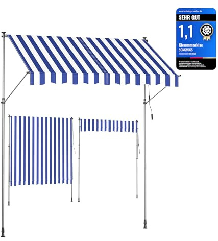 SONGMICS Klemmmarkise, höhenverstellbar, mit Handkurbel, 250 x 120 cm | Balkonmarkise, Sonnenschutz, für Balkon, Terrasse, Garten, blau-weiß, SHELD Kollektion GSA252QZ01
