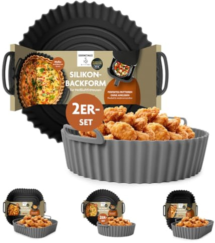 GOURMETmaxx BY KITCHBO Silikon-Backform 2er Set rund ⌀20cm, 5cm Höhe für fast alle Heissluft-Fritteusen ab 4 Liter | Perfektes Frittieren ohne Ankleben, wiederverwendbar, optimale Zirkulation