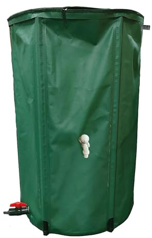 S&M 590344 Regentonne, 200 l, faltbar, aus hochfestem PVC, grün, mit Wasserhahn, Schlauchventil, Überlaufschutz und Laubschutzfilter