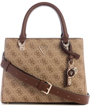 GUESS Noelle II Multi Compartment Satchel Latte Logo Handbag Shoulder Bag Light Brown
