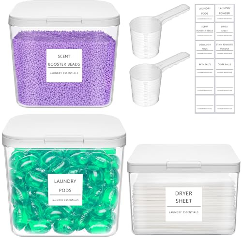 Lifewit Laundry Pods Container with Pop-up Lid, 4.5+ 2.7+1.8L, 3 Pcs | Organiser with Labels, Scoops, Detergent/Powder/Capsule/Pot/Washing Tablets Storage Holder for Laundry, Bathroom, Kitchen