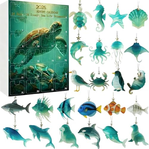 Seeglas Meerestier Adventskalender 2025, 24 tägiger Weihnachts Countdown Kalender mit 24 Meerestiers Ornamenten, 2D Acryl Weihnachtsdekoration mit Meerestiers Motiven für Meeresliebhaber