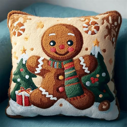 FWRTYCB Latch Hook Cushion Kits for Adults Christmas Gingerbread Man Xmas Cookie Rug Pillowcase Kids Beginner DIY Needlework Embroidery Kits Handmade Set Craft Sofa Home Decor 43x43cm,1pcs