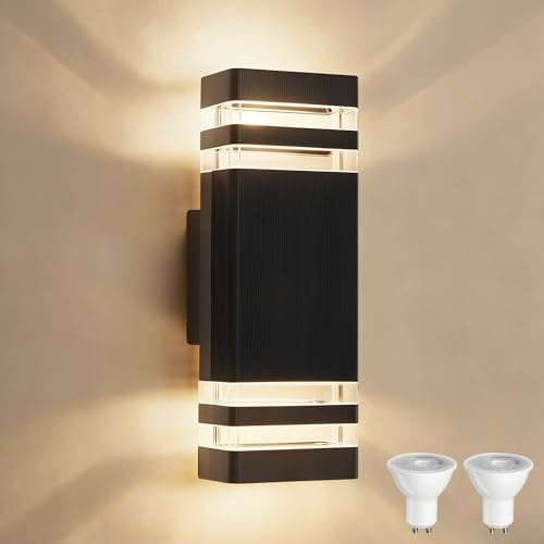 YOVGQOLV Außenlampe Wand Up Down LED Wandleuchte Aussen, Schwarz 1 Stück | IP54 Wasserdichte Wandlampe Aussen mit 2×5W 3000K GU10 Glühbirne, Aluminium Außenbeleuchtung Hauswand für Terrasse, 230V