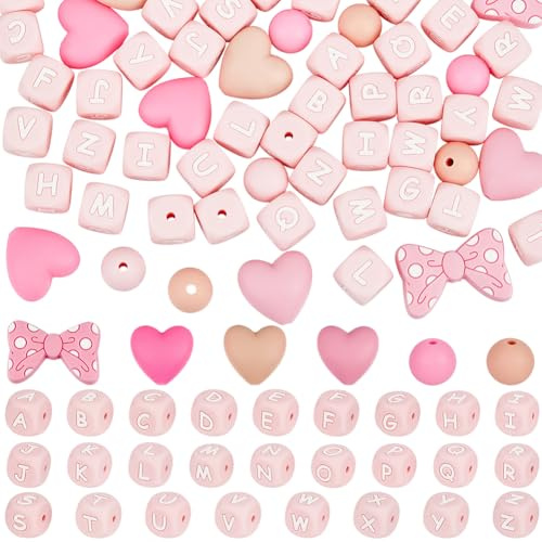 PONABEADIY 1 scatola Da 79 pezzi, 33 stili, Perline In Silicone Rosa con Lettere Dells'Alfabeto, Cubo Quadrato, Cuore Rotondo, Fiocco, Perline Sfuse, Ciondoli per Gioielli, Collane, Portachiavi, Bracc