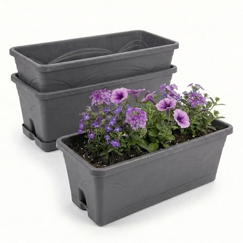 GEEZY Set of 3 Rectangular Planters with Drip Tray & Drainage, 50cm - Grey Long Garden Troughs for Herbs, Flowers & Strawberries - Weatherproof Window Sill Plant Pot & Outdoor Balcony Box