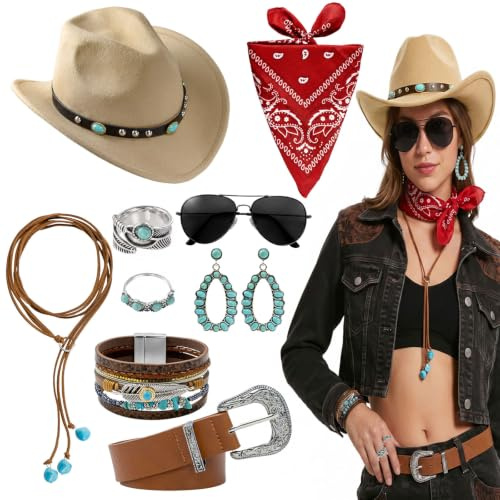 LHOEST 9Stück Zubehör Cowboy Kostüm Damen Cowboyhut Western Outfit Cowgirl | Western Gürtel Halskette Bandana Ringe Sonnenbrille Ohrringe Deko Western Kostüm Karneval Halloween Cosplay Costume Cowboy