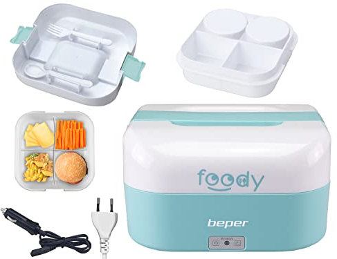 Beper - Scaldavivande Portatile 2In1, Contenitore Divisibile in 4, Accendisigari 12V per Auto, 50W per Casa/Ufficio, Posate in Dotazione - Azzurro