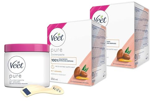 Veet Pure Zuckerpaste mit Arganöl - 2er Pack - Sugaring Paste für die Haarentfernung an Körper & Gesicht - 2 x 250 ml inkl. Holzspatel & Stoffstreifen