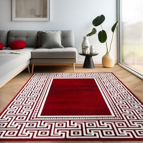 Carpettex Teppich Wohnzimmer Kurzflor 160 x 230 cm Modern Mäander-Design Rot - Teppich Schlafzimmer Weich Flauschig Waschbar Küchenteppich - Esszimmer Kinderzimmer Flur Teppich Wohnzimmerteppich