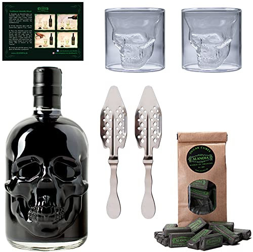 Totenkopf Absinth Set von ALANDIA | 1x Schwarzer Absinth Hamlet 0,5 l | 2x Skull Gläser | 2x Löffel | 1x Zuckerwürfel