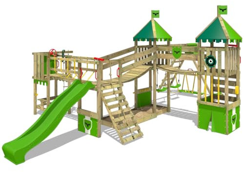FATMOOSE Aire de Jeux Portique Bois FunnyFortress avec balançoire SurfSwing et Toboggan Vert Pomme, Maison Enfant Exterieur avec bac à Sable, échelle d'escalade & Accessoires de Jeux