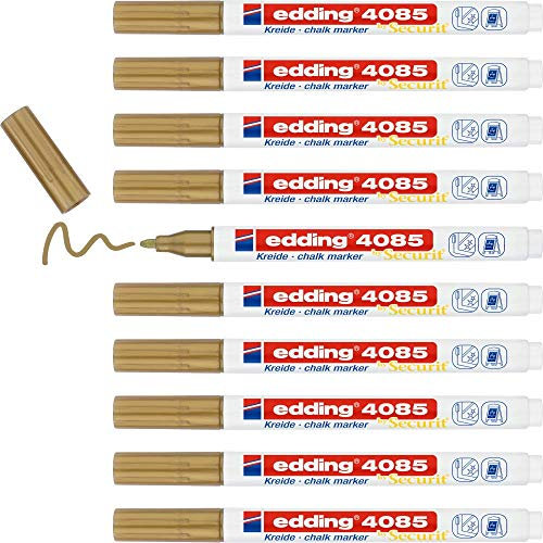 edding 4085 Kreidemarker - gold - 10 Kreidestifte - Rundspitze 1-2 mm - dünner Kreidestift für Tafel abwischbar - zum Beschriften von Fenster, Glas, Spiegel - Tafelstift mit deckenden Farben