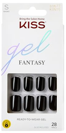 KISS Unghie finte Gel Fantasy Press On, colla per unghie inclusa, 'Aim High', nere, corte, forma squovale, include 28 unghie, 2 g di colla, 1 stick per manicure, 1 mini lima, 1 linguetta adesiva