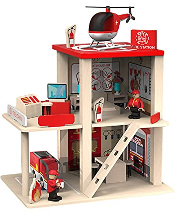 BBtinker Wooden Fire Station Playset, Multicolor 3-Level Pretend Play Dollhouse with Figures, Truck, Helicopter and Accessories, Preschool Learning Educational Toys for Toddlers Kids Age 3 and up