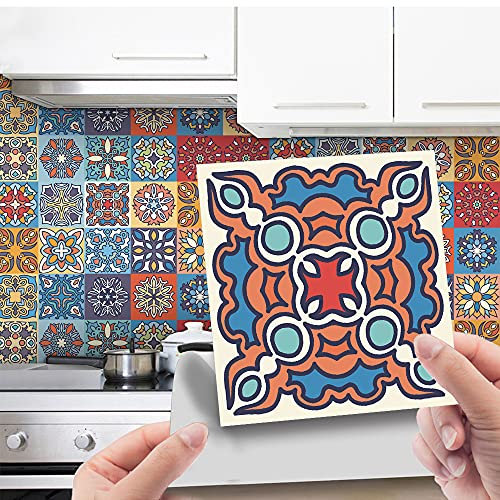 Hiseng 24 Pezzi Adesivi per Piastrelle per Mobili e Pareti, Hiser Mosaico Stile Impermeabile Adesivo da Parete Autoadesive Rotoli Carta per Cucina Bagno Casa Decorativo (Boemia,10x10cm)