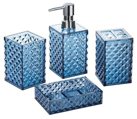 A+KCEYON Lot de 4 Accessoires de Salle de Bain Bleu Marine avec Porte-Brosse à Dents, Distributeur de Savon, Porte-Savon, gobelet, Motif Diamant