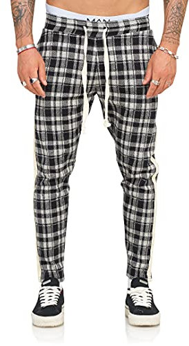 Rello & Reese Herren Plaid Hose Jogger Hose Stretchhose Chino Tapered Fit P-8025 [Schwarz,