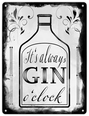 It's always Gin o'clock Metallschild XL in 21x28 cm mit Spruch für die Bar in weiß lustiges Blechschild für die Minibar Bardekoration Deko für die Kneipe