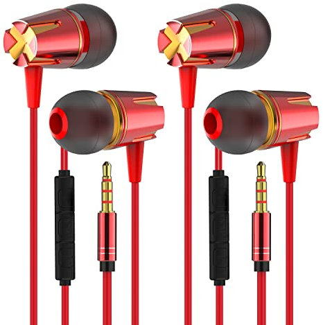 MUNSKT 2Pack Earphones, In-Ear Headphones Earphones Headphones Plug Microphone Volume Control for Sports Workout Compatible with Cell Phones Tablets Laptops (Red 2Pack)