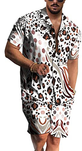 Men's Leopard Print Short Sleeve Shorts Suit Fashion Casual Beach Shirt Two Piece Suit