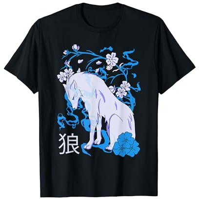 Giapponese Lupo Bianco Kanji Albero Blu Arte Design Maglietta