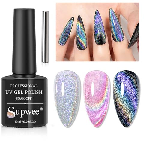Supwee Rainbow Cat Eye Nagellack Magnetisch Gellack Katzenmagnet-Gel 9D holografische Cat Magnet nagellack Soak Off UV-Gel mit Magnetstift 10 ml (0,33 fl oz)