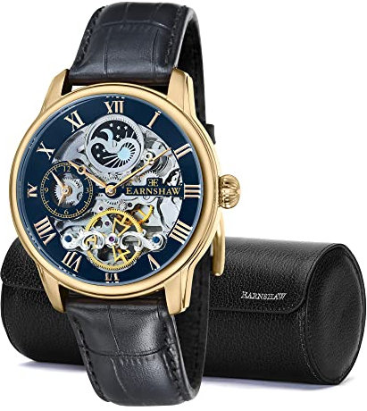 Thomas Earnshaw Automatik-Skelett-Uhr für Herren, 44 mm lang, doppelte Zeitzone, Armband aus Edelstahl, 12 Stunden, Anzeige Sonne und Mond und Rotor verziert, Watch & Watch Roll-Geschenk-Set