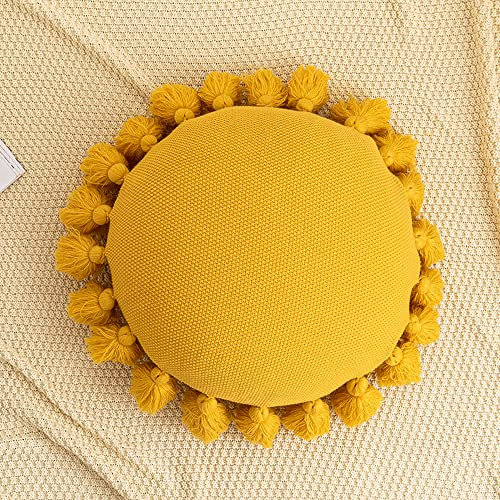 ATMOSURELY Rundes Strickkissen im Boho-Stil, gelbes Akzentkissen mit Quaste, gestrickt, gewebtes Kissen, Heimdekoration für Bett, Sofa, Wohnzimmer, 45,7 cm (Gelb)