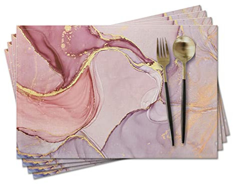 Stoff-Platzdeckchen, 43,2 x 30,5 cm, 100 % Baumwolle, Leinen, 4 Stück, dekorativ, waschbar, Tischset für Esszimmer, Küche und Camping, rosa goldene Marmorstruktur
