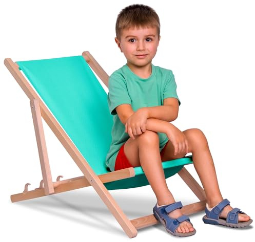 DreamRoots Kinder Liegestuhl Holz klappbar Outdoor, Lazur | Klappbarer Campingstuhl, faltbar, für Garten & Strand, bis 130 kg, waschbarer Bezug, 100% Polyester, UV-beständig