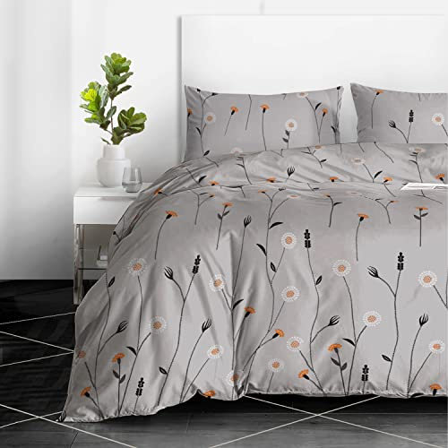 RAYBedding 3PCS King Size Duvet Cover Set 100% Egyptian Cotton Bedding King Size Bed Set 400 Thread Count Floral Printed Poppy Grey Duvet Cover King with Pillow Cases 2 Pack