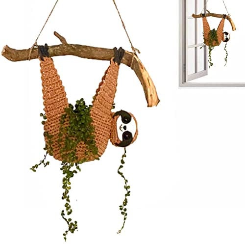 Pomrone Makramee Blumenampel, Häkel Blumentopf Hängend Sukkulenten Topf Boho Deko Pflanzenaufhänger, Faultier Dekorative Tier Leer Blumentöpfe Desktop Innen Außen Büro Haus Garten Dekoration