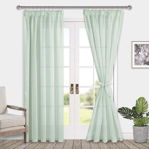 DWCN Voile Vorhänge mit Kräuselband Leinenoptik 2 Stücke Halbtransparent Vorhänge für Wohnzimmer,Durchsichtige Gardinen,Grün,225x140cm (Höhe x Breite)