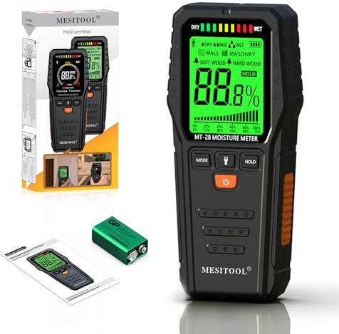 Pinless Moisture Meter MESITOOL Digital Moisture Meters for Wood Lumber Moisture Detector for Firewood Concrete Come with 9v Battery and Carry Bag (MT28)