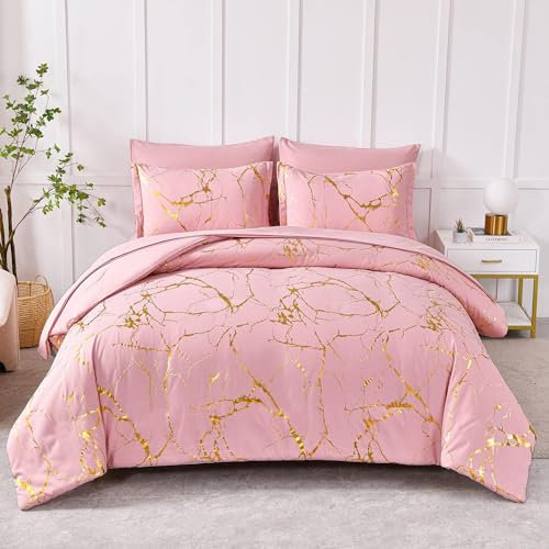 Freyamy Bettwäsche 135x200cm 4teilig Rosa Gold Marmor Optik Bettwaren-Sets Mikrofaser Weiche Wendebettwäsche Luxus Bettbezug 2 Bettdeckenbezüge mit Reißverschluss und 2 Kissenbezug 80x80cm